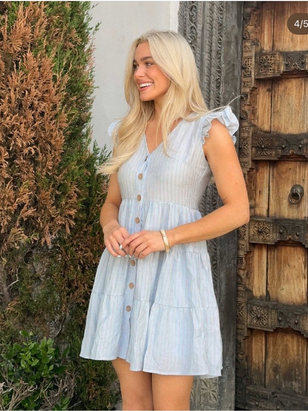NEW - Boutique Blue Stripe Tiered Mini Dress Ruffle Sleeve Button Front - Large